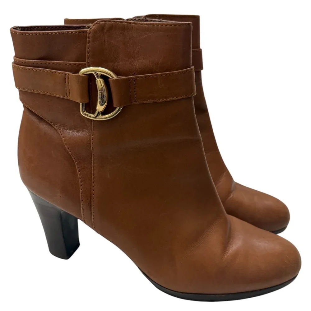 Lauren Ralph Lauren Tan Leather Ankle Boots Womens Size 9 Stirrup Buckle Heel - Picture 2 of 15